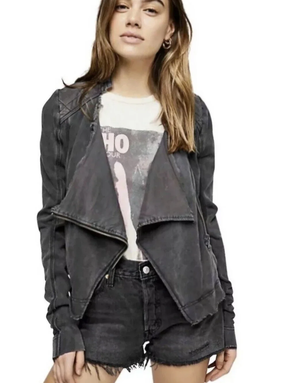 Free People Distressed Charcoal Gray Wash Cotton Shrunken Moto Jacket Size S - Picture 1 of 8